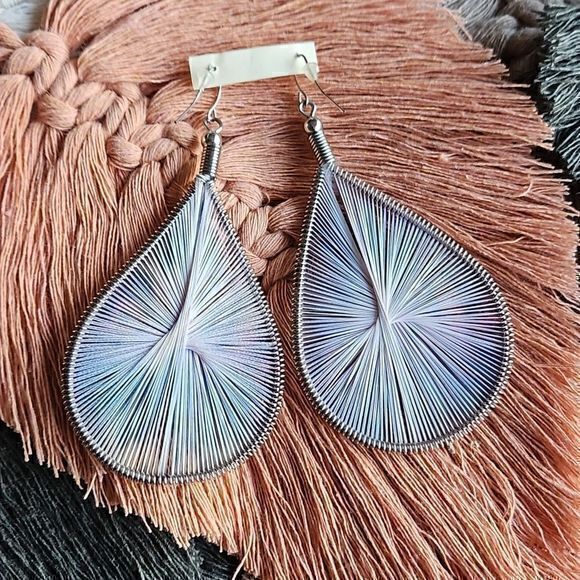 Large Teardrop Dangling Multicolor String Wrapped Earrings - Picture 9 of 14
